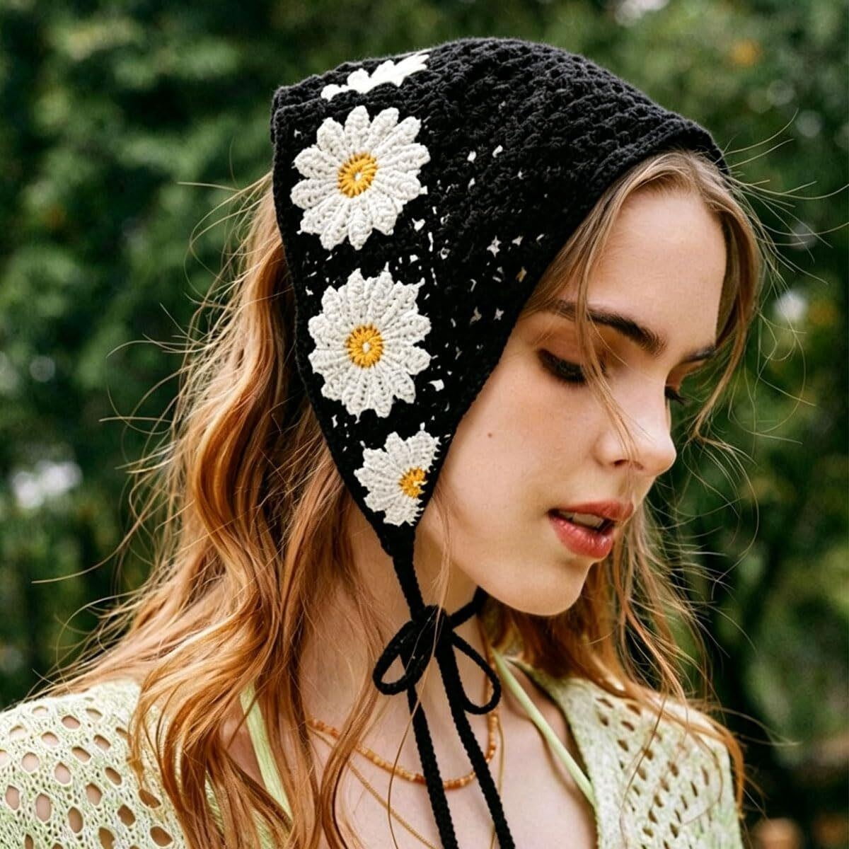 ZKSNART 1 Pack Knitted Hair Tie Headwrap, Floral Crochet Kerchief Scarf ...