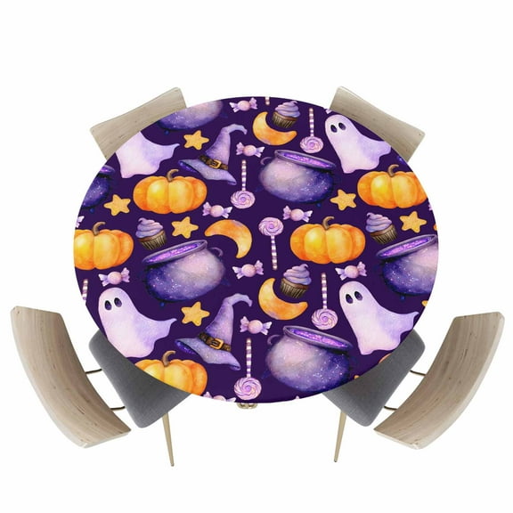 Round Fitted Tablecloths with Elastic Edge Halloween Pumpkin Ghost Candy Waterproof Wipeable Table Cover for Kitchen Dining Party Decor Witch Hat Potion Purple Orange Table Clothes,36" - 44"