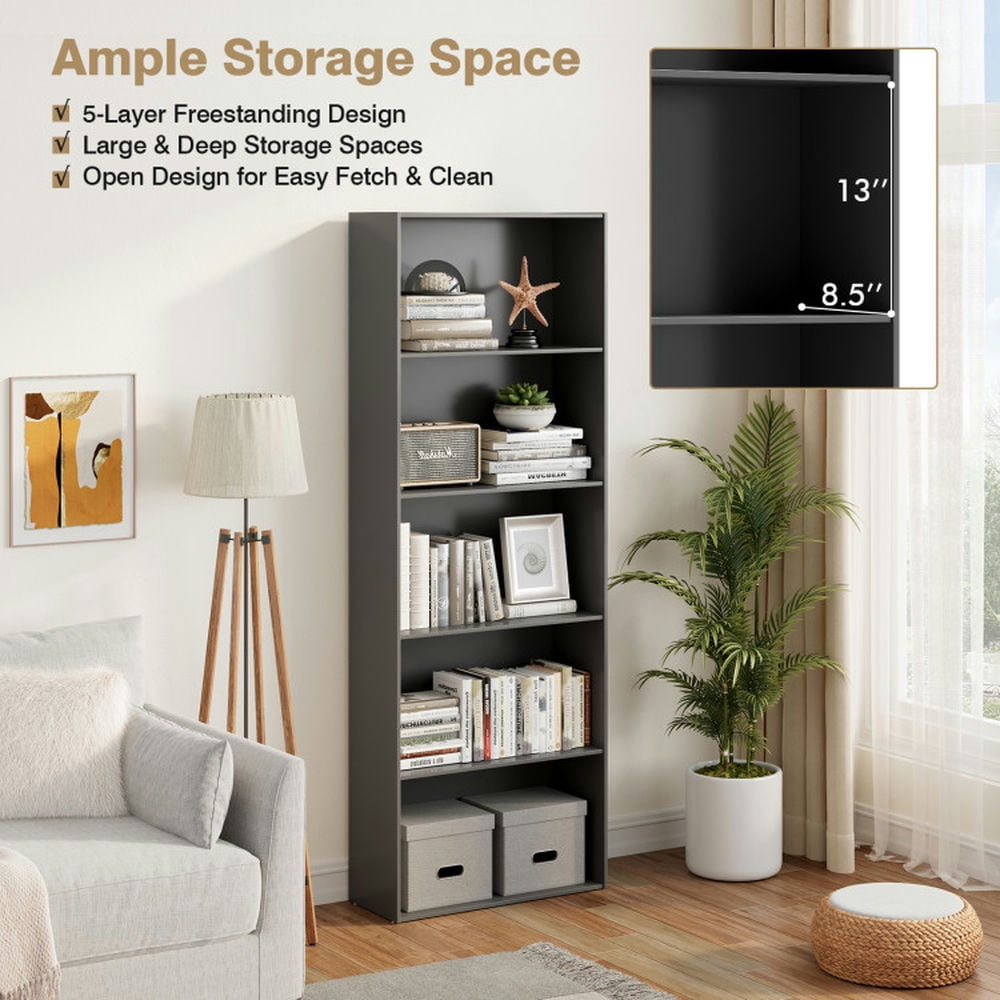 Spaco 5-Shelf Storage Bookcase Modern Multi-Functional Display Cabinet Furniture-Black, Tall Bookshelf, Shelves for Living Room, Home Office, Bedroom, Balcony