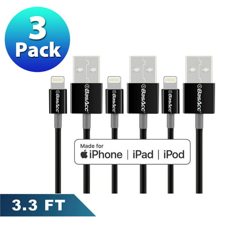 BasAcc 3-Pack Apple MFi Certified Lightning to USB Cable Sync & Charge 3' - Black for iPhone 7 6s 6 Plus SE 5s iPad Pro Mini Air iPod Touch 6th 5th