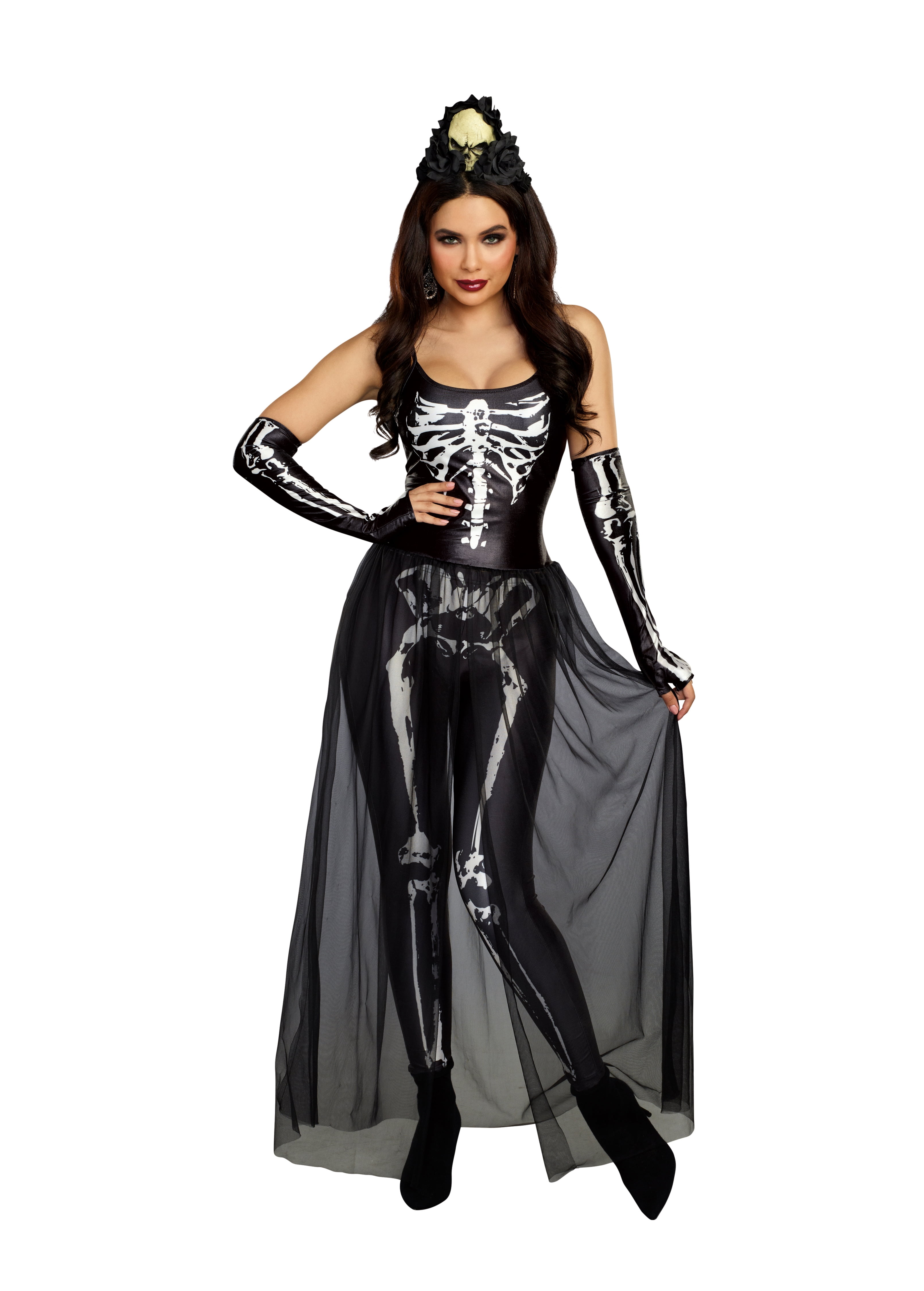 Womens Halloween Skeleton Fancy Dress Costumes Catsuit Babe Ladies Outfits 