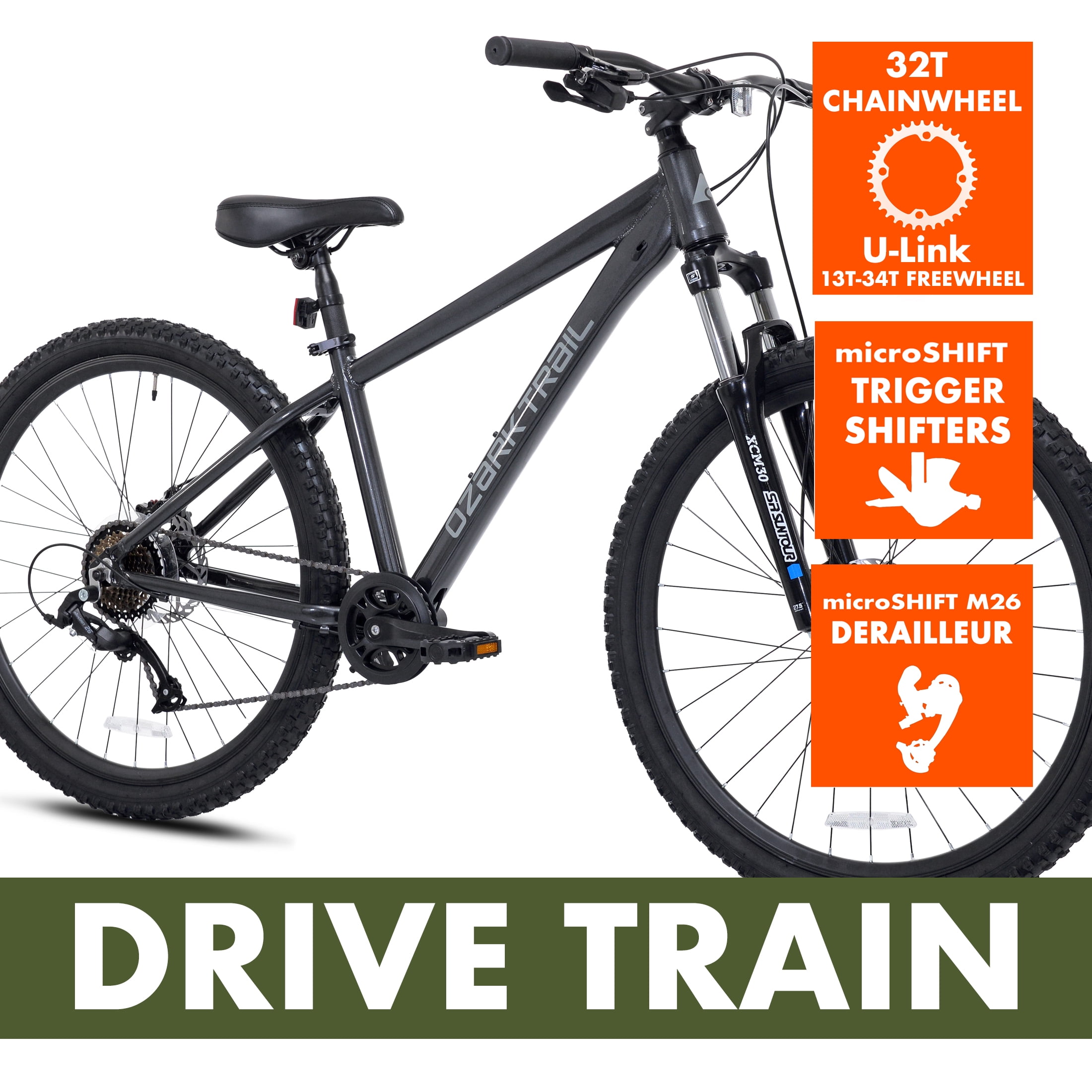 27.5" Ozark Trail Timber Mountain Bicycle, Small Frame, Fits Riders 5'0" - 5'6", Black, Adult, Unisex