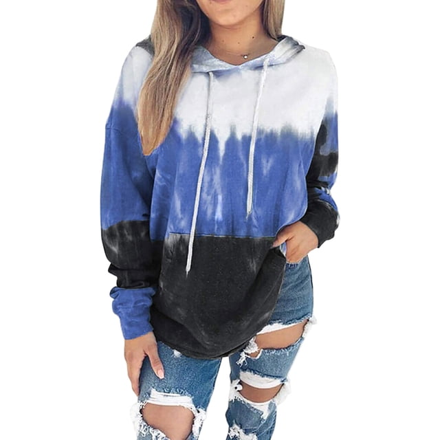 Sudadera casual elástica de manga larga azul con estampado para mujer, talla XL, sudadera con capucha degradada