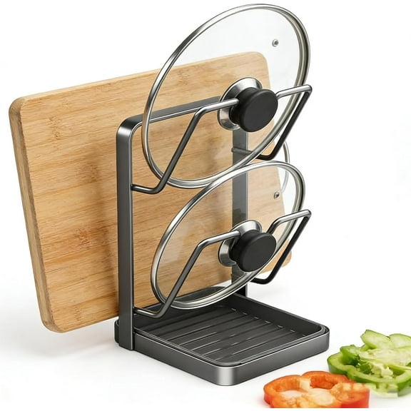 Kitchen Pot Lid Storage Rack, Pot Lid Organizer, Multi-layer Pot Lid Holders, U-Shaped Slots Countertop Rack Holder, Rust-Resistant Kitchen Organizer for Various Lids & Utensils (Grey)