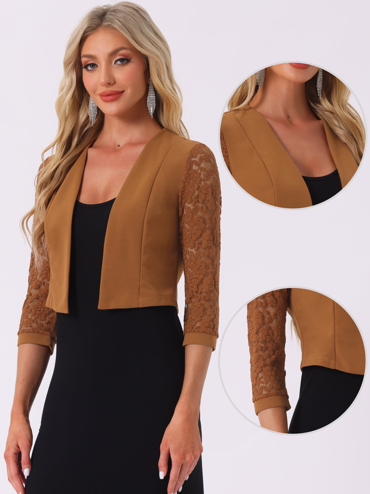 DARING DIVA Women's Lace Panel Crop Bolero Shrug Dress for Work Office S Brown