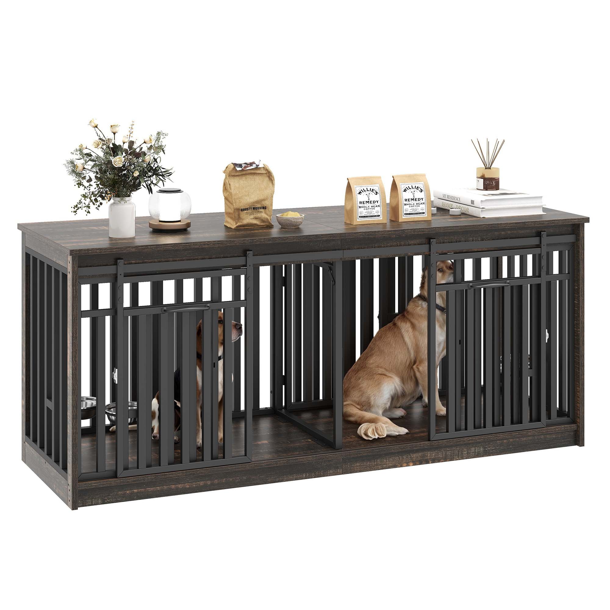 Dextrus 71" Large Double Dog Crate Kennel Furniture with 4 Dog Bowl, Sliding Doors for 2 Medium Dogs, Heavy Duty Wood TV Stand Dog Cage Table - Black Oak