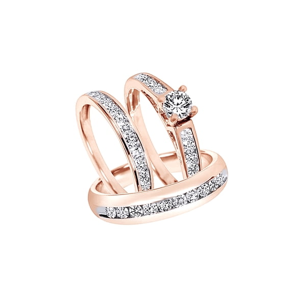 AFFY White Natural Diamond Wedding & Engagement Trio Bridal Ring Set In 10k Rose Gold (1.5 Cttw)