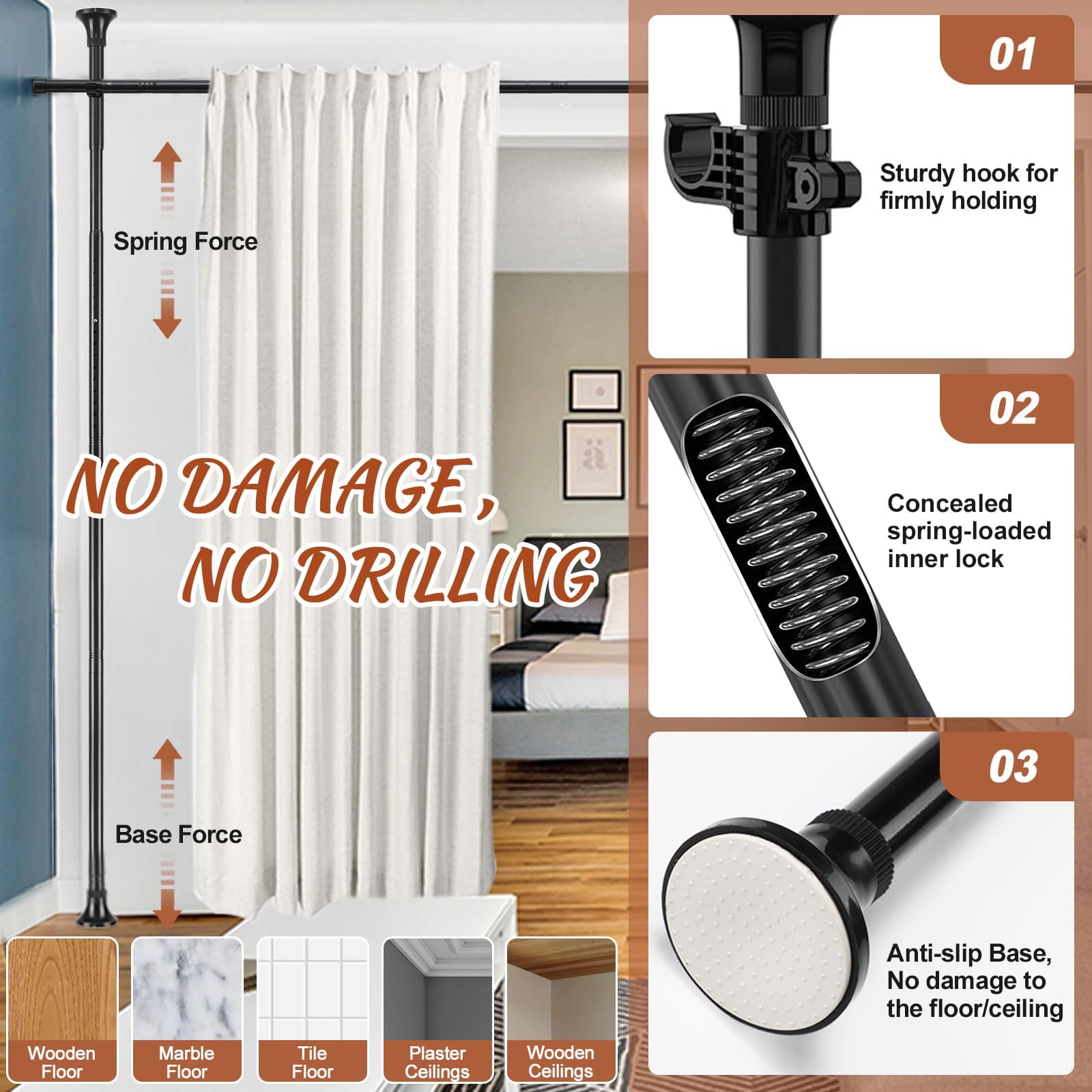 LCOKEIY Room Divider No Drilling Curtain Rods for Windows, 4-10ft(H) 28-171inch(W) Adjustable, Heavy Duty Curtain Rods Tension Rod Space Separator Ceiling Mounted, Black
