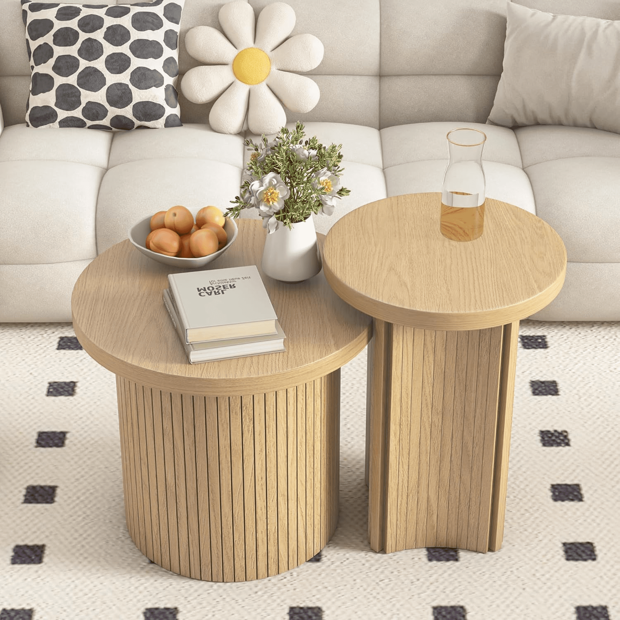 Oubayajia Modern Nesting Coffee Table Set of 2, Wood Round Table for Living Room Bedroom Balcony