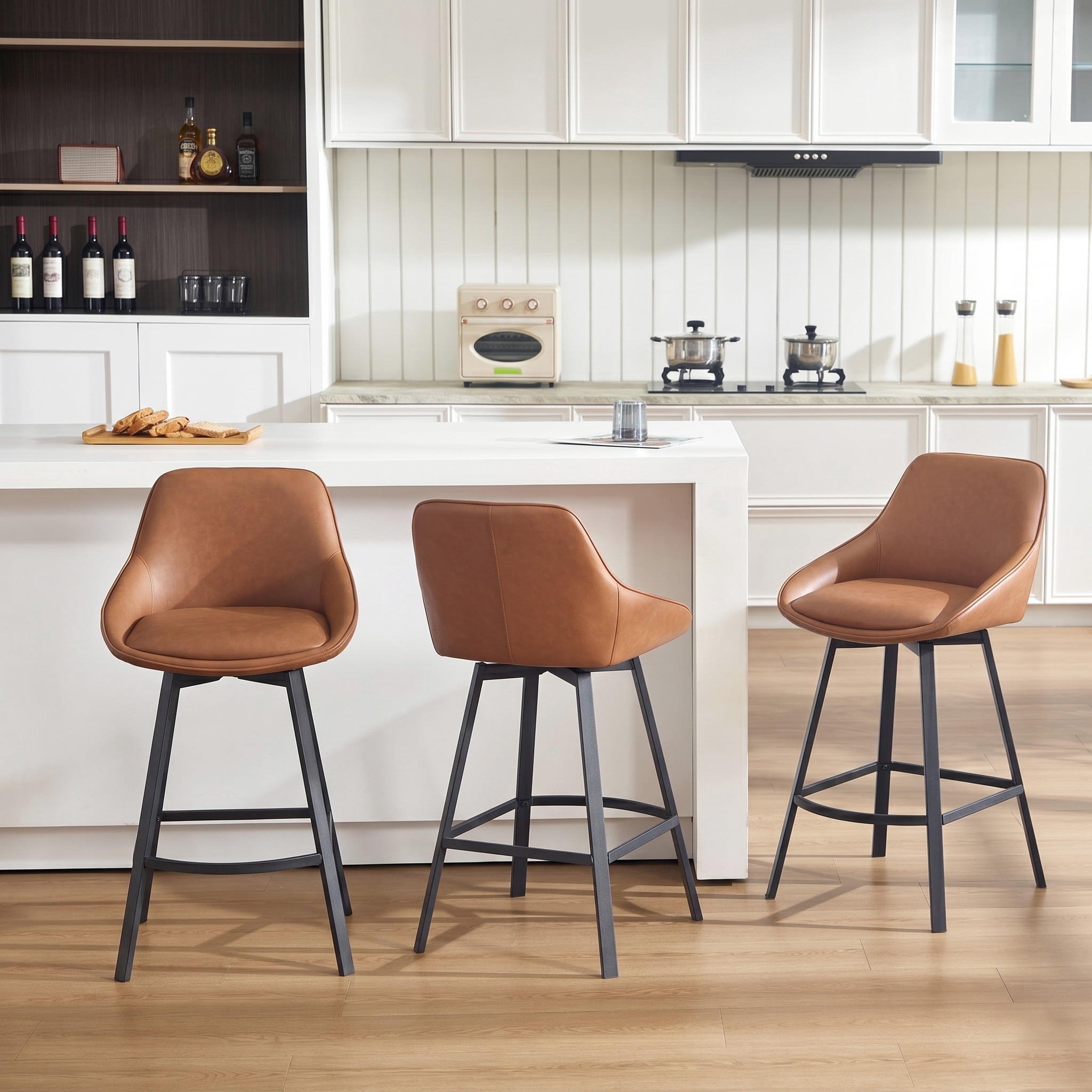 Zesthouse Swivel Bar Stools Set of 3, 25.6″Faux Leather Counter Height Barstool with Backs, Upholstered Counter Stools, Modern Kitchen Chairs with Metal Legs, Brown