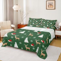 Manfei Cartoon Christmas Reindeer Queen Sheet Sets, Xmas Tree Snowflake Flat Sheet, Teen Kid Boy Girl Queen Fitted Sheet, Breathable Home Decor, 4 Pieces