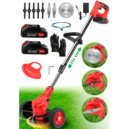 TNTANTS Electric Weed Wacker  Cordless String Trimmer with Wheels  2Pcs 24V Batteries  3 Types of Blades  Adjustable Length  Weed Eater Grass Trimmer/Edger/Brush Cutter for Lawn Yard Garden (Red)