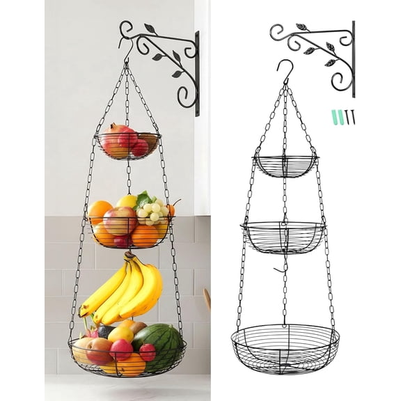 3-Tier Hanging Fruit Basket for Kitchen Counter with Banana Hook, 36-Inch Heavy-Duty Wire Fruit Baskets with Leaf-Shaped Bracket for Kitchen Organizing Potato & Vegetable