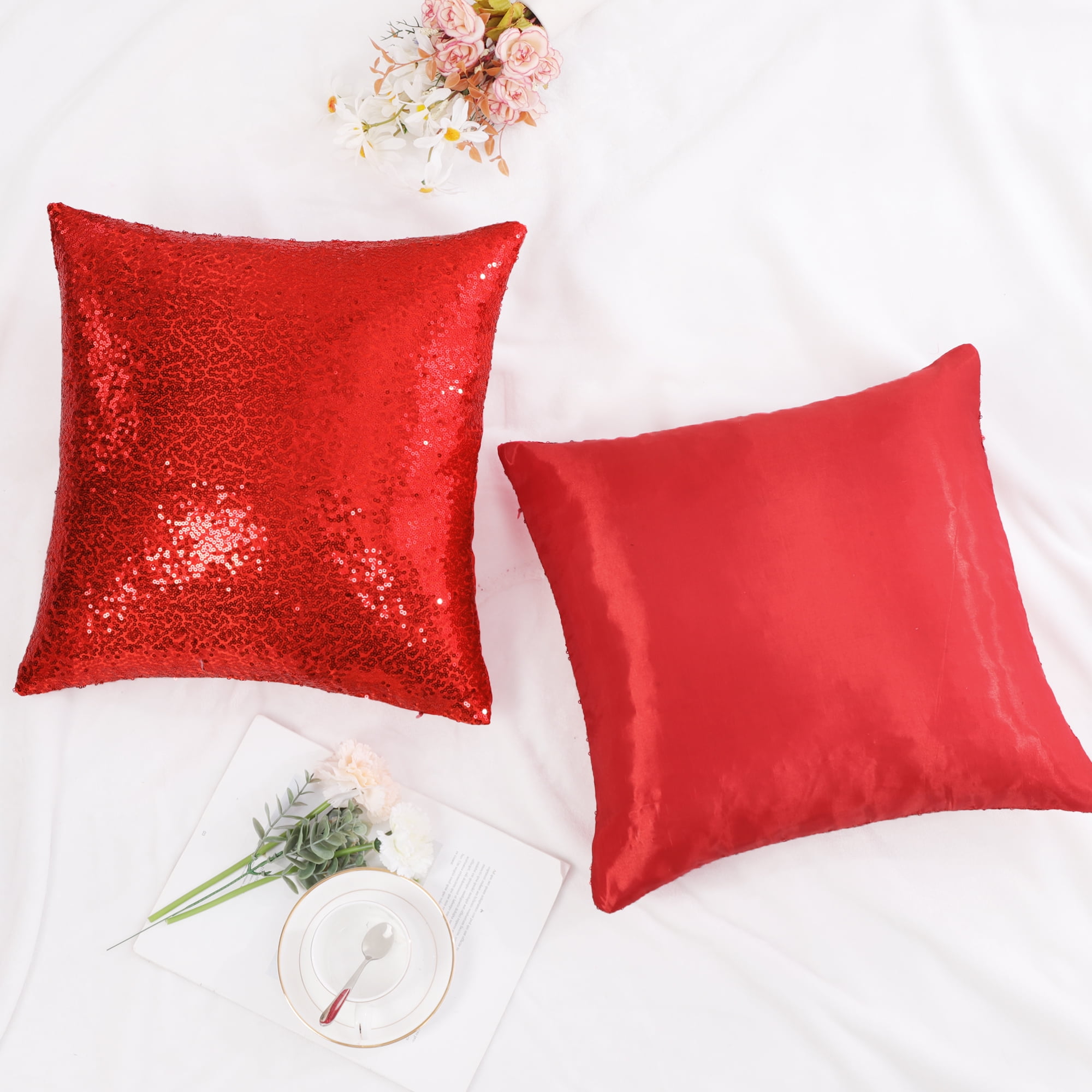 Unique Bargains 2 Pack Sequins Decorative Throw Pillow Covers 16" x16" Red
