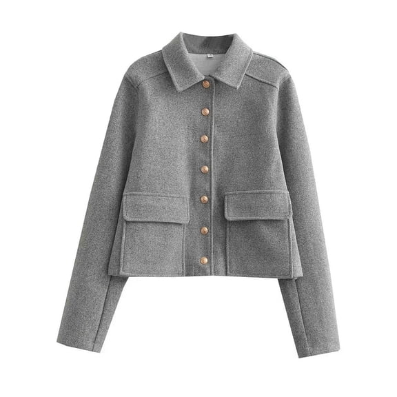 Women'S Coats Lapel Cropped Jacket Button Down Casual Varsity Jacket with Pockets Gray S
