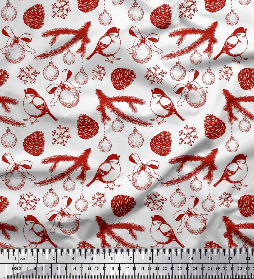 Soimoi Red Rayon Fabric Spruce Leaves & Baubles Christmas Print Fabric by the Yard 42 Inch Wide