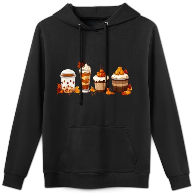 Sudadera con capucha unisex tendencia otoñal, estampado de cafés y calabazas, cómoda y cálida para salidas informales