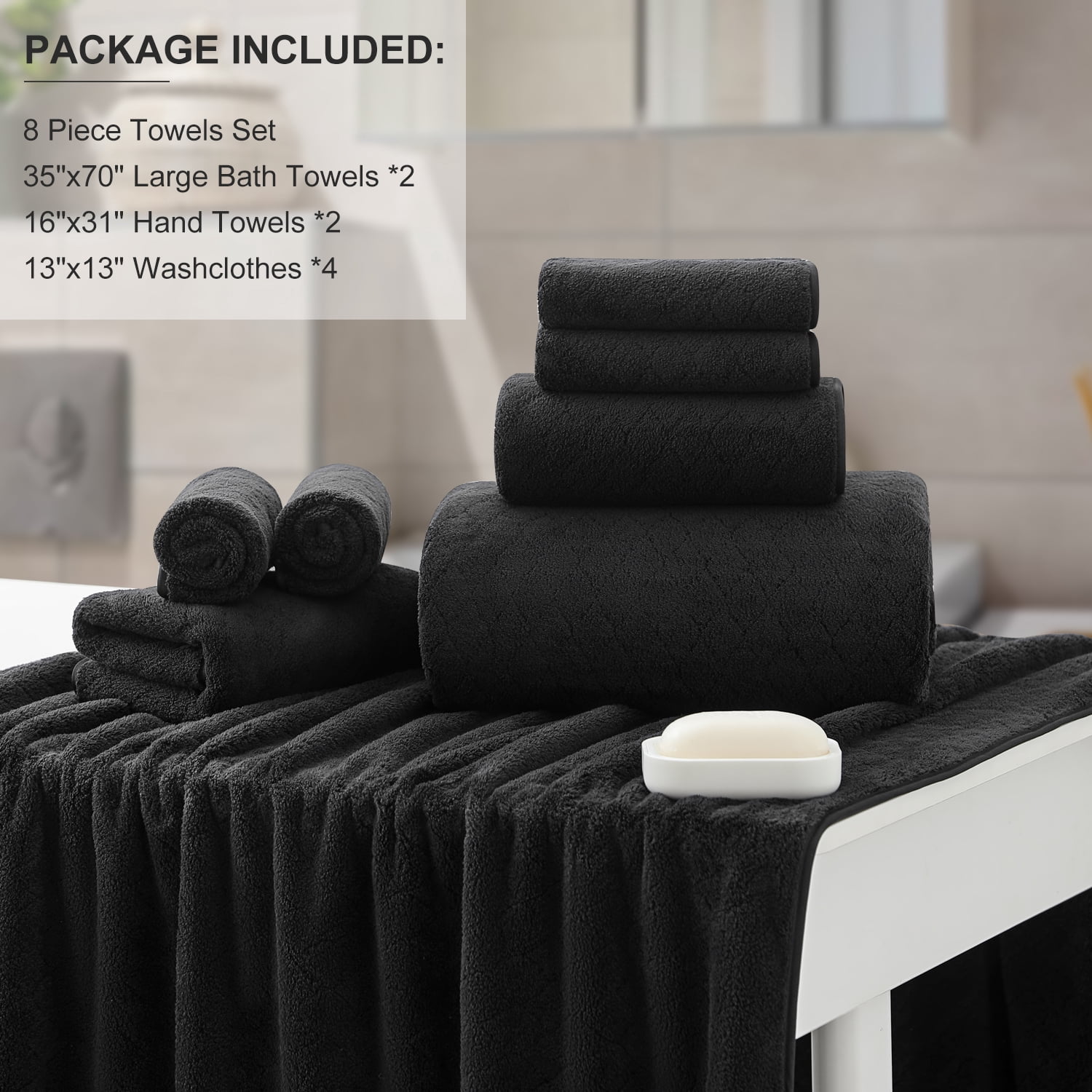 Green Essen 8 Pack Extra Large Bath Towel35"x 70" Highly Absorbent Quick Dry Bath Sheets Bath Towel Oversized Clearance Soft Shower Towels for Bathroom Spa Hotel Gym(Black)