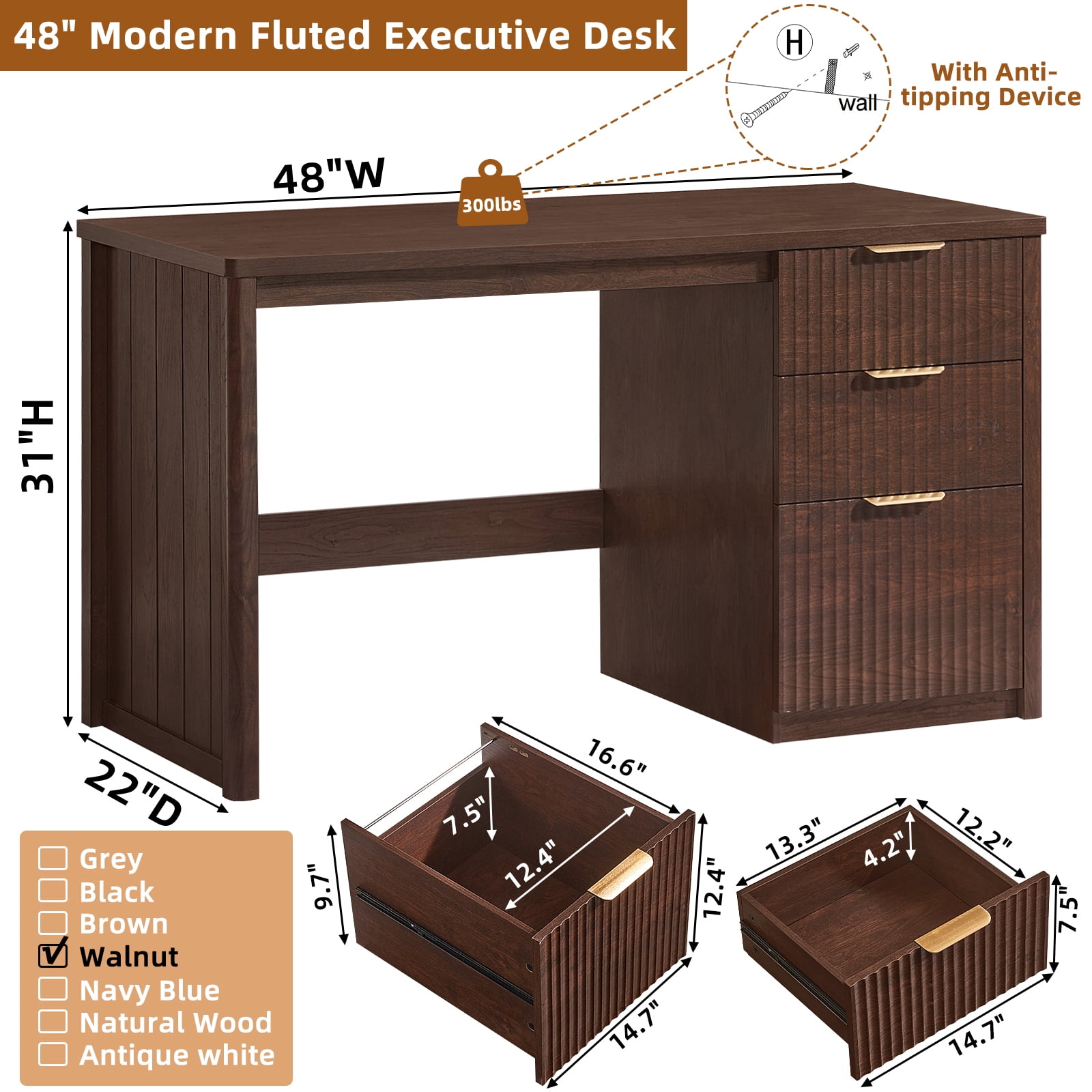 Fluted Executive Desk, 48" Modern Wood Home Office Desk with File Drawer & Metal Handles, Computer Writing Desk, Walnut