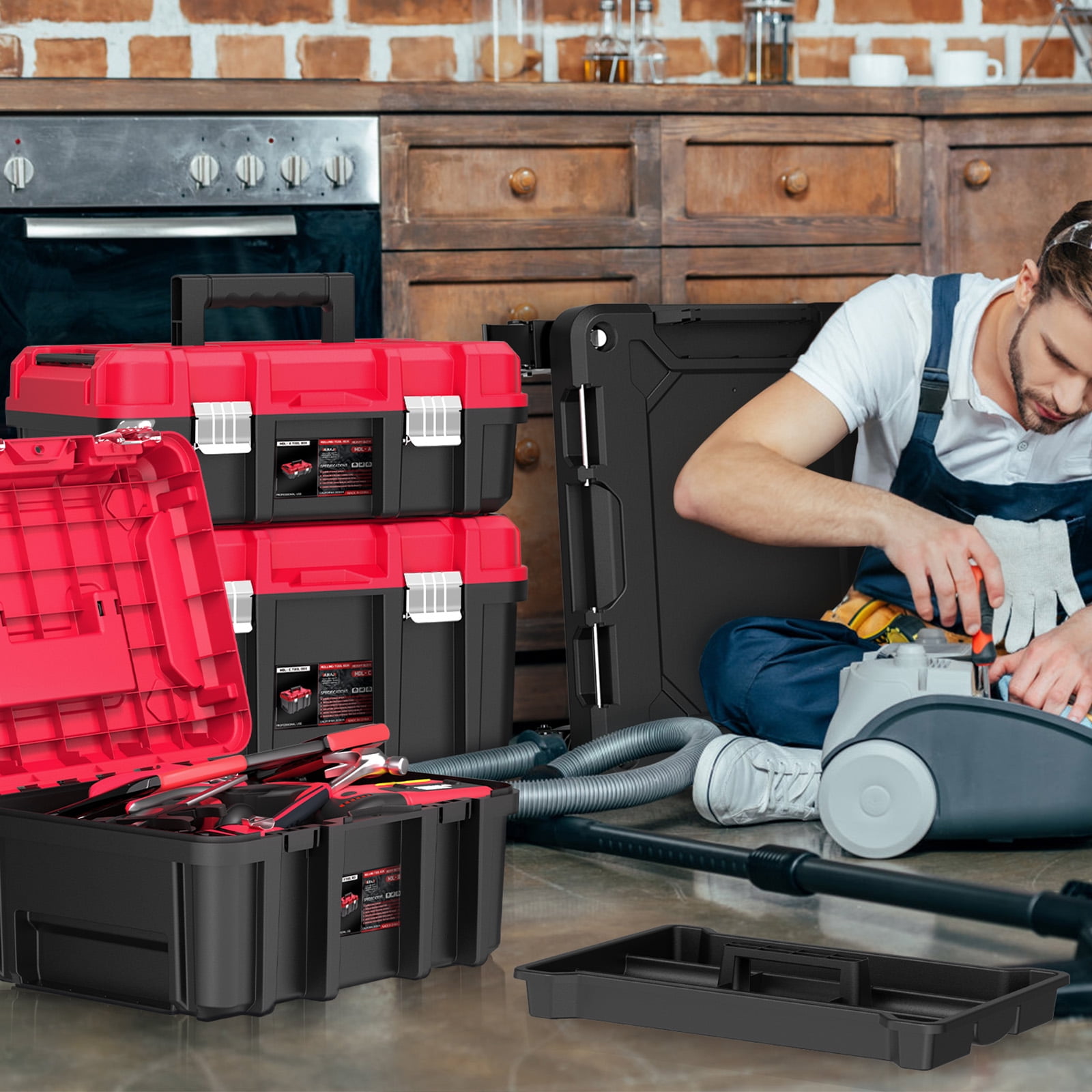 3-Tier Stackable & Connectable Rolling Tool Box with Lock | 17" Large Portable Tool Organizer System on Wheels for Garage & Professional Work