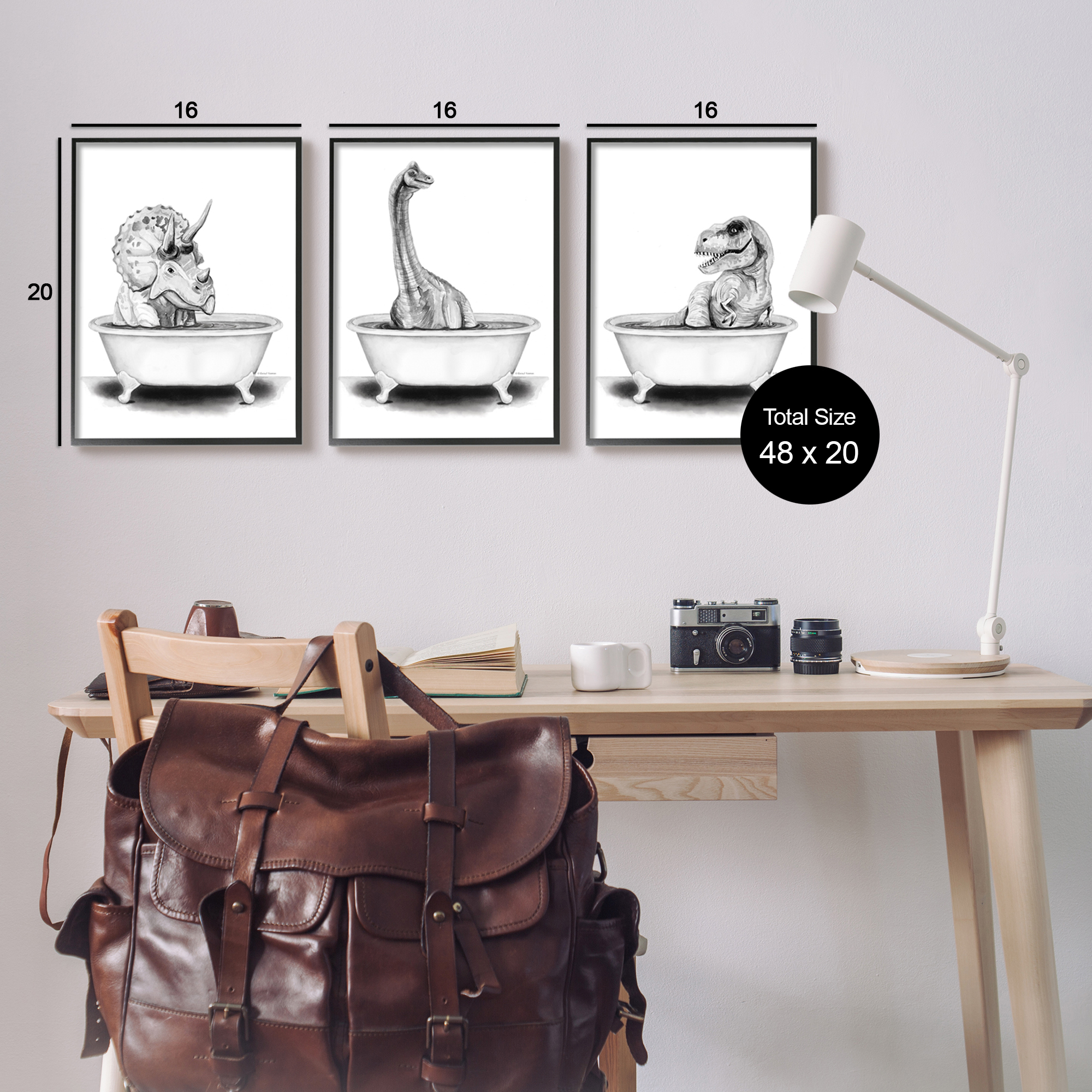 Stupell Dinosaurs Bathing Bathroom Tub Animals & Insects Painting Black Framed Art Print Wall Art, Set of 3