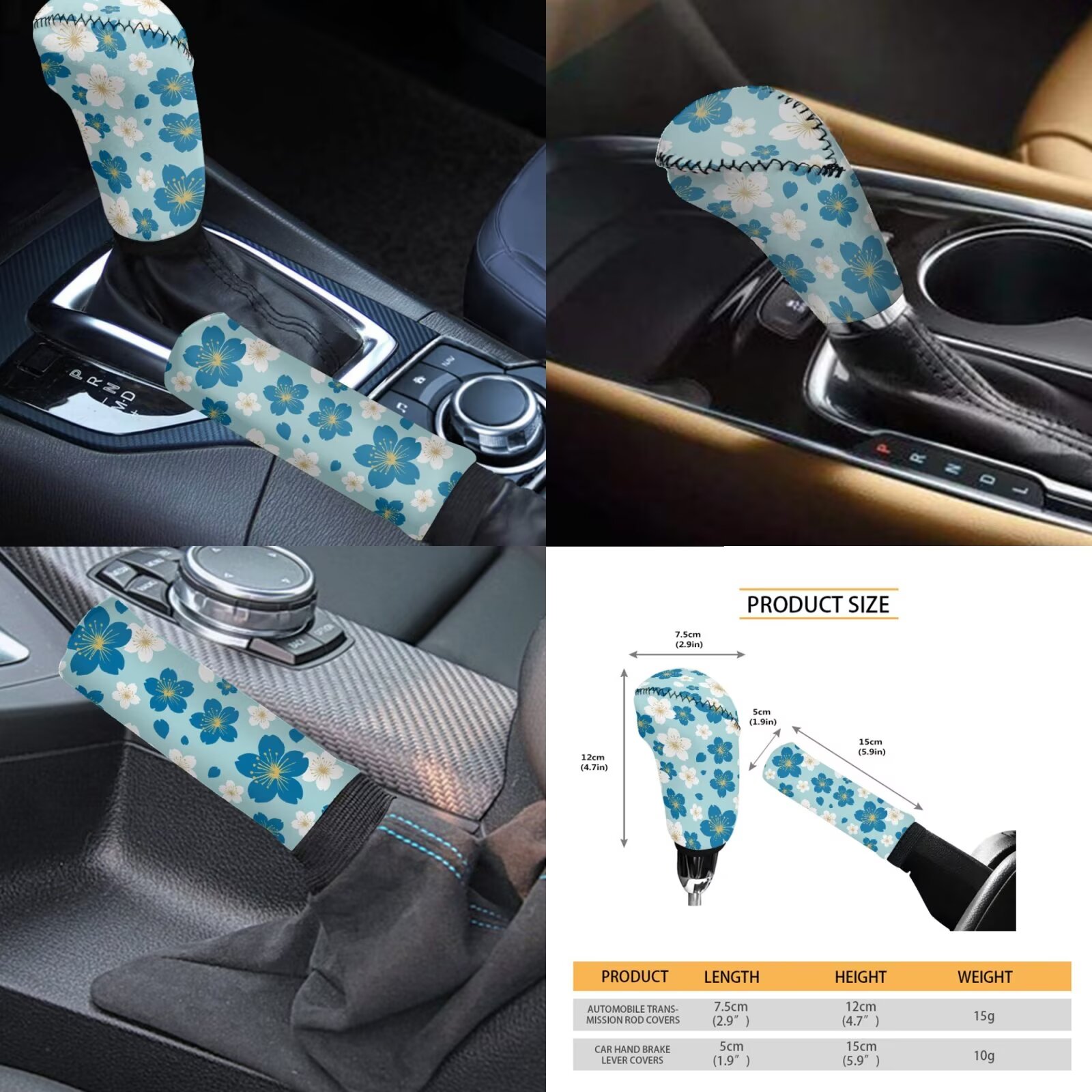 Garronmavis Blue Cute Flower Car Seat Covers Full Set, Breathable Air Polyester Car Seat Cover, Steering Wheel Cover Gear Shift Cover Handbrake Cover Headrest Cover Cup Coasters Universal Fit