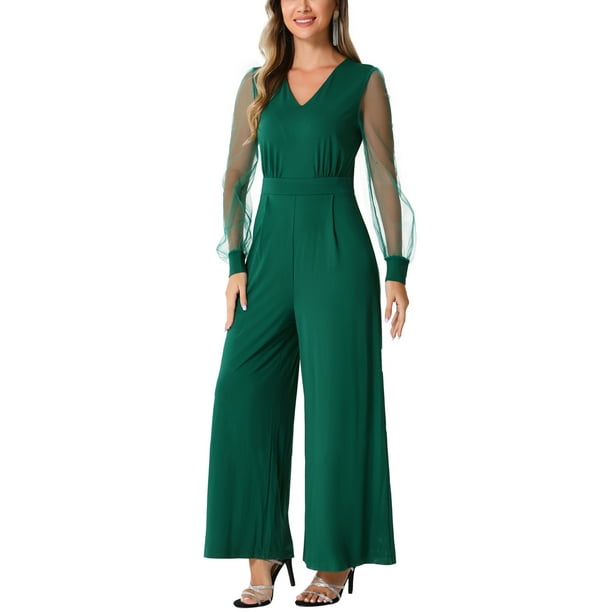 INSPIRAR CHIC Mono de Mujer Cuello en V Malla de Manga Larga Pierna Ancha Trajes de Fiesta XS Verde Oscuro