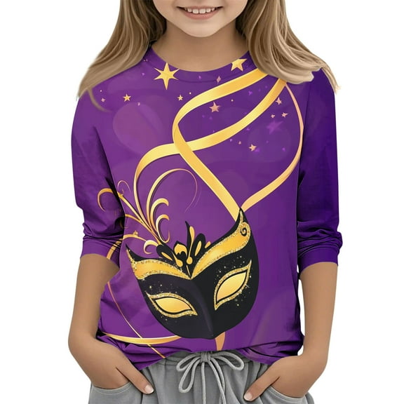 Spazoro Kids Child Girls Casual T-Shirts Tee, Crew Neck Mardi Gras Print Fashion Summer 3/4 Sleeve Loose Tops Trousers for Girls Purple Size 3 T