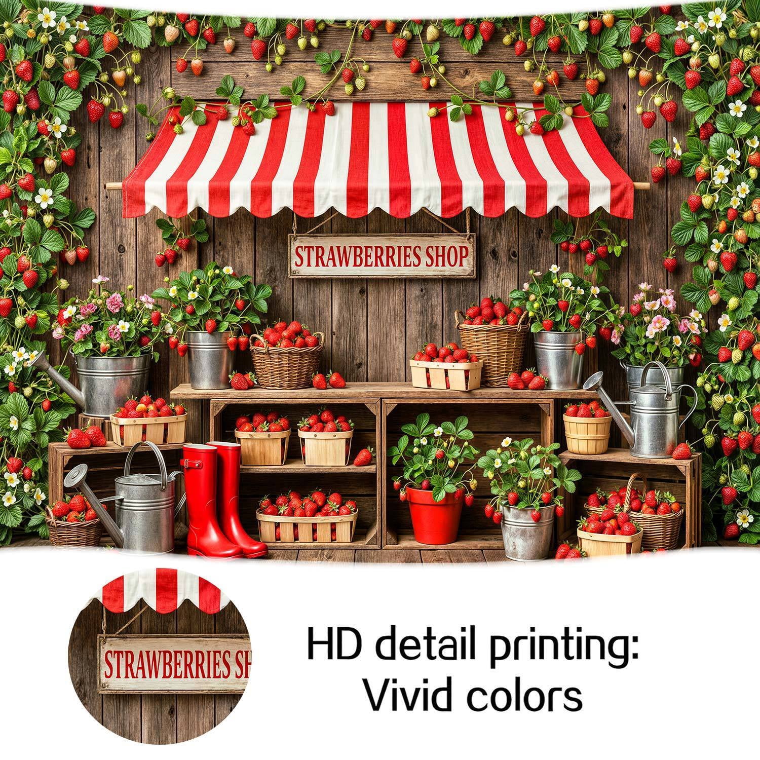 Strawberry Shop Photography Backdrop, Rustic Wooden Farm Stand Red Berry Floral Background for Kids Birthday Party Baby Shower Photo Booth Decorations Banner, 8x6ft
