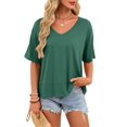thumbnail image 2 of Womens Summer V Neck T Shirts Casual Short Sleeve Flowy Tops Cute Loose Fit Basic Tees Dark Green M, 2 of 8