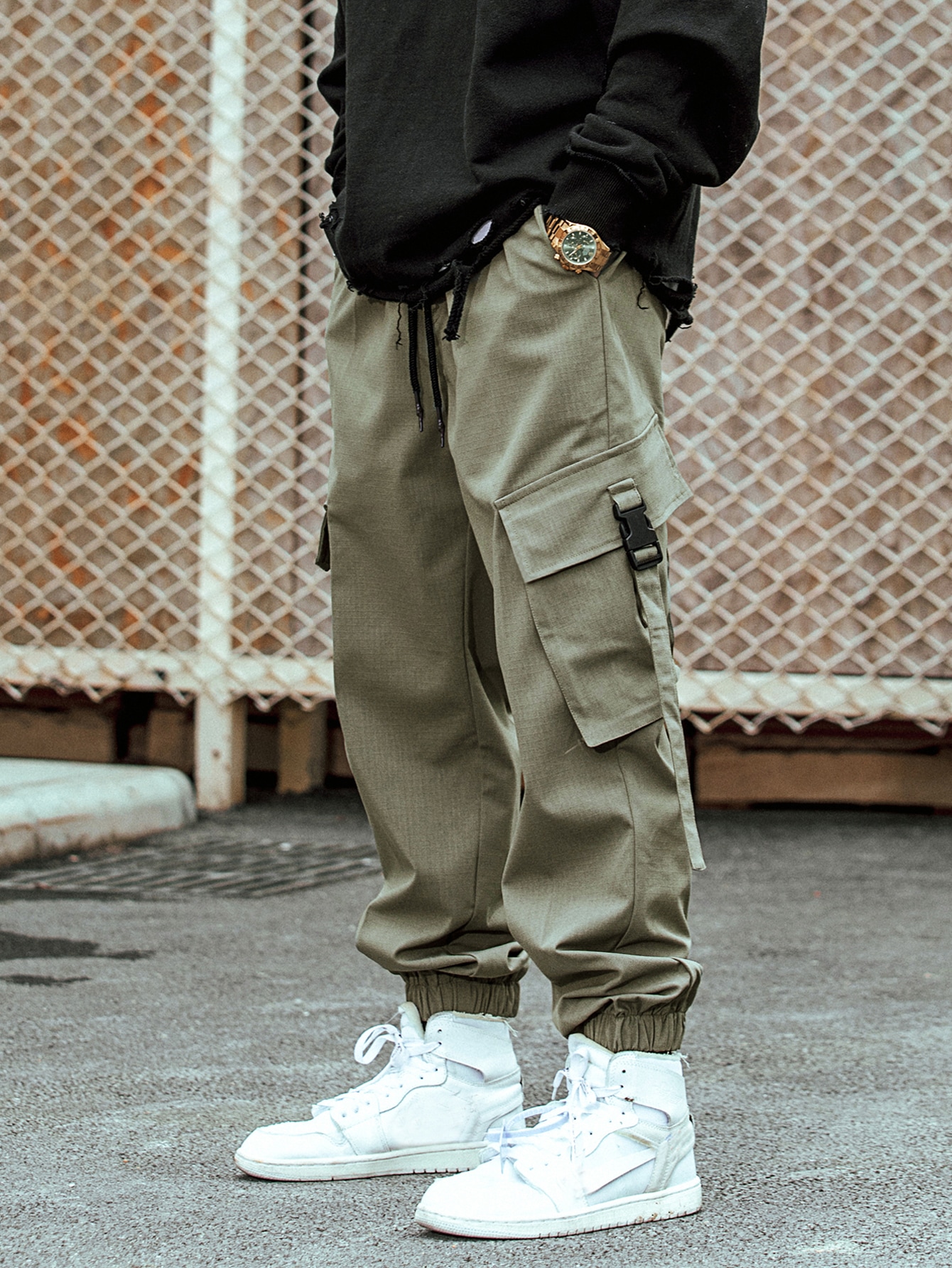 Men Flap Pocket Drawstring Cargo Pants 