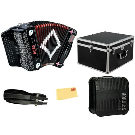 Hohner Hohnica Aces II 34-Button Accordion with 3 Registers - FBbEb Bundle with Hard Case, Gig Bag, Adjustable Straps, and Austin Bazaar Polishing Cloth