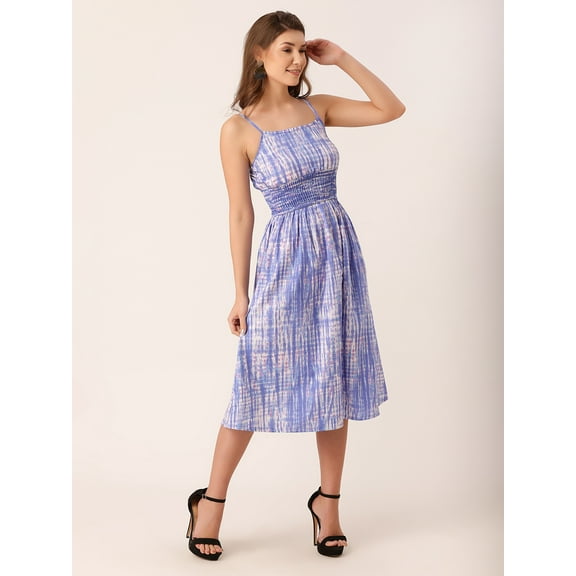 DressBerry Women's Printed Cotton Poplin Strap Shoulders Dress Sleeveless Calf Length Smocked Front Flared Hem Casual Summer Wear Midi Length Light Weighted Wavy Party Wear Dress