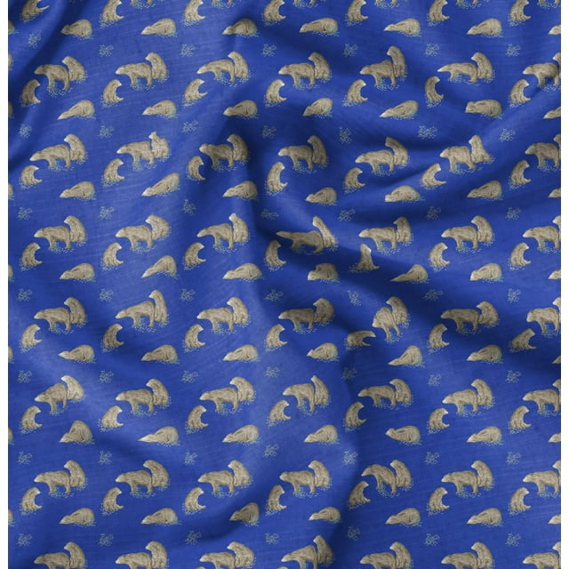 Soimoi Blue Poly Georgette Fabric Bear Animal Decor Fabric Printed Yard 52 Inch Wide