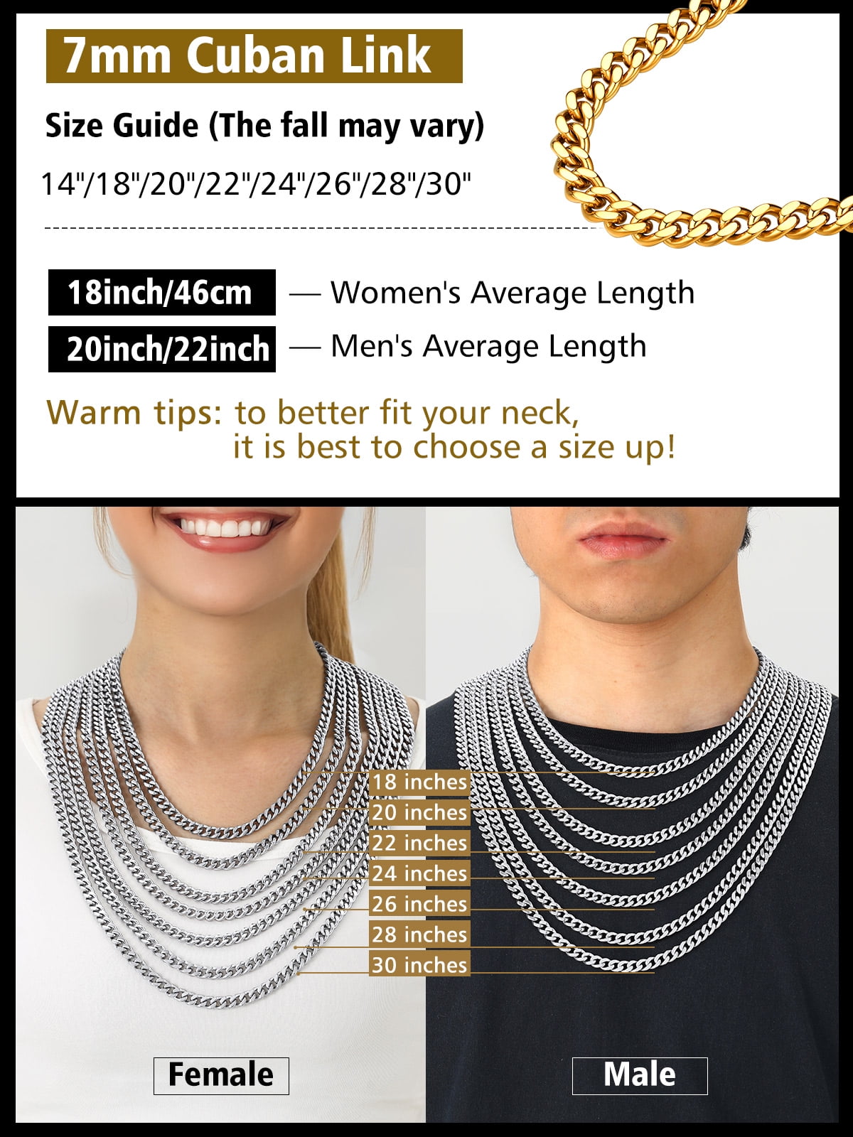 FindChic 14K Gold Plated Chain for Men Women Necklace Stainless Steel Hip Hop Cuban Link Graduation Fathers Day Jewelry Gifts Him Boyfriend Husband Adults Male Son Age Ideas, 7mm/18inch