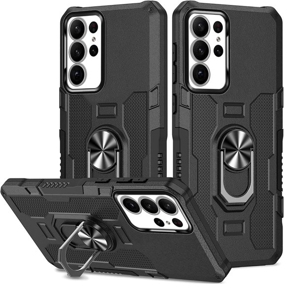 for Samsung Galaxy S23 Ultra Case with Metal Ring Kickstand for Women & Men, Heavy-Duty Protection Shockproof Bumper Cover Case for Samsung Galaxy S23 Ultra TY Black