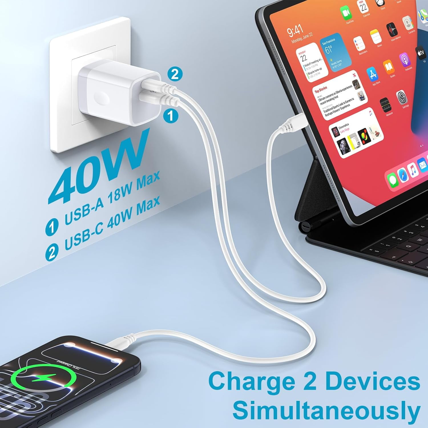 RGHJAR-40W Dual USB C Charger Block, 2 Port Compact Foldable PD 3.0 Fast USB C Power Adapter + QC 3.0 Wall Charger Plug Type C Charging Block for iPhone 17/16/15 Pro Max iPad Samsung Galaxy S26 S25 P