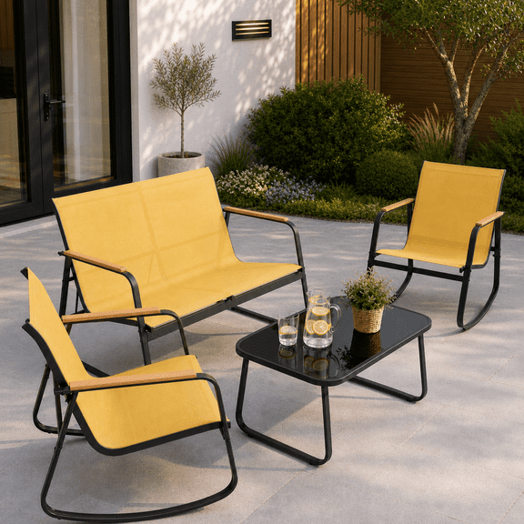4-Piece Outdoor Patio Furniture Set, Textilene Conversation Set with 2 Rocking Chairs & Tempered Glass Table, for Lawn Garden Balcony Poolside, Mustard Yellow