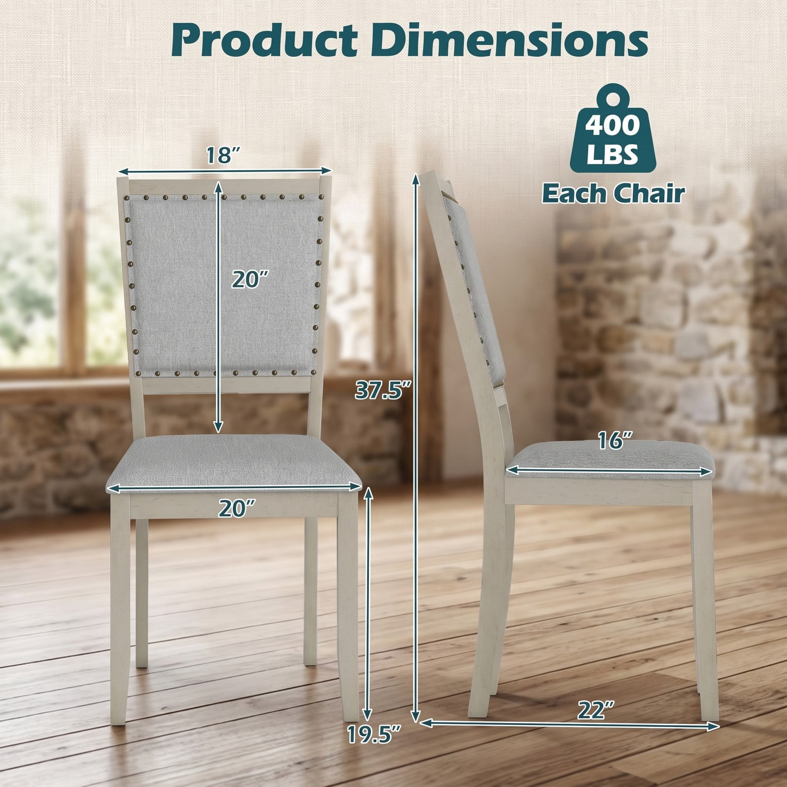 Furnibear Farmhouse Dining Chair Set of 2, Fabric Upholstered Kitchen Chairs with Rubber Wood Frame, Padded Seat and Vintage Nailhead Trim for Dining Room Cafe, Gray