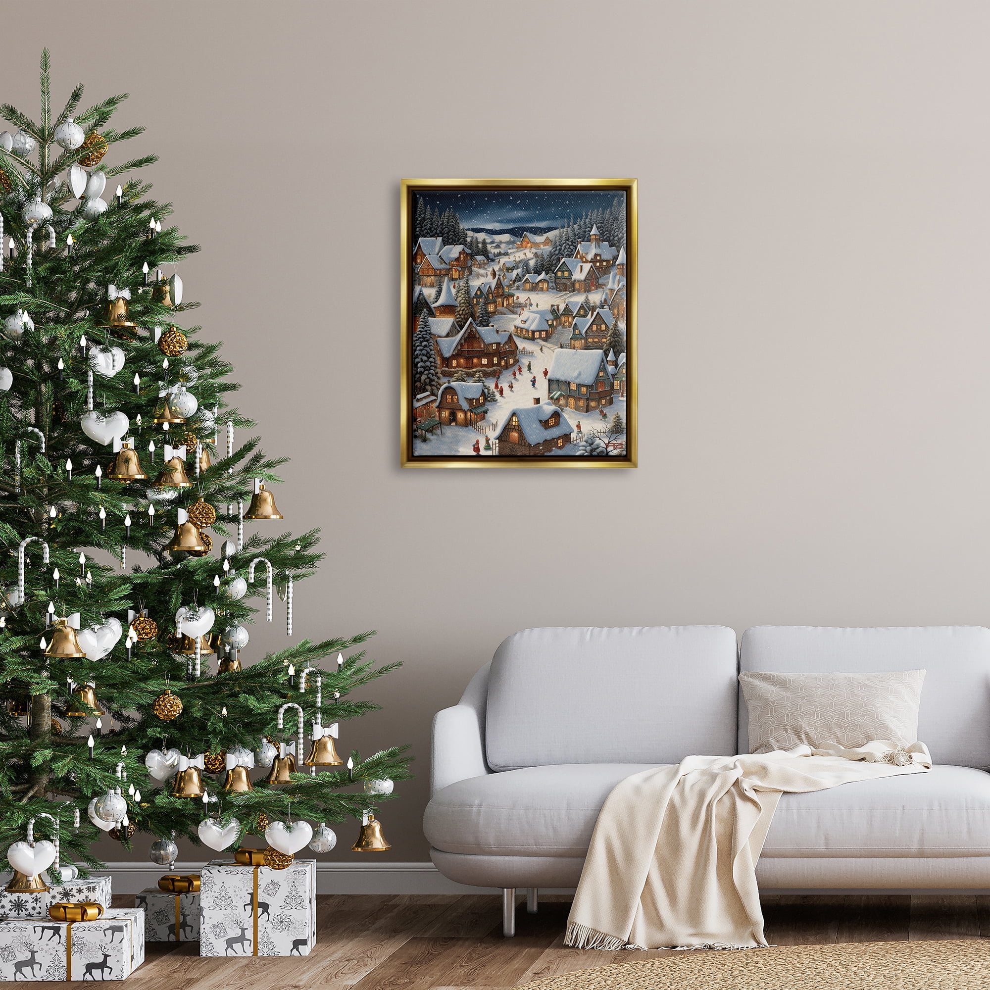 Stupell Industries Snowy Christmas Village Holiday Painting Gold Floater Framed Canvas Art Print Wall Art, 25 x 31