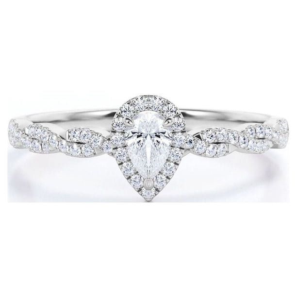 JeenMata Anillo de Compromiso con Pavé de Semi Infinito y Diamante Talla Pera de 0,5 Quilates, Engaste de Halo de 3 Puntas, Oro Blanco de 10 K