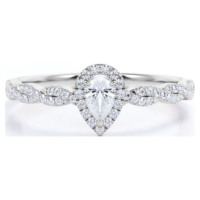JeenMata Anillo de Compromiso con Pavé de Semi Infinito y Diamante Talla Pera de 0,5 Quilates, Engaste de Halo de 3 Puntas, Oro Blanco de 10 K