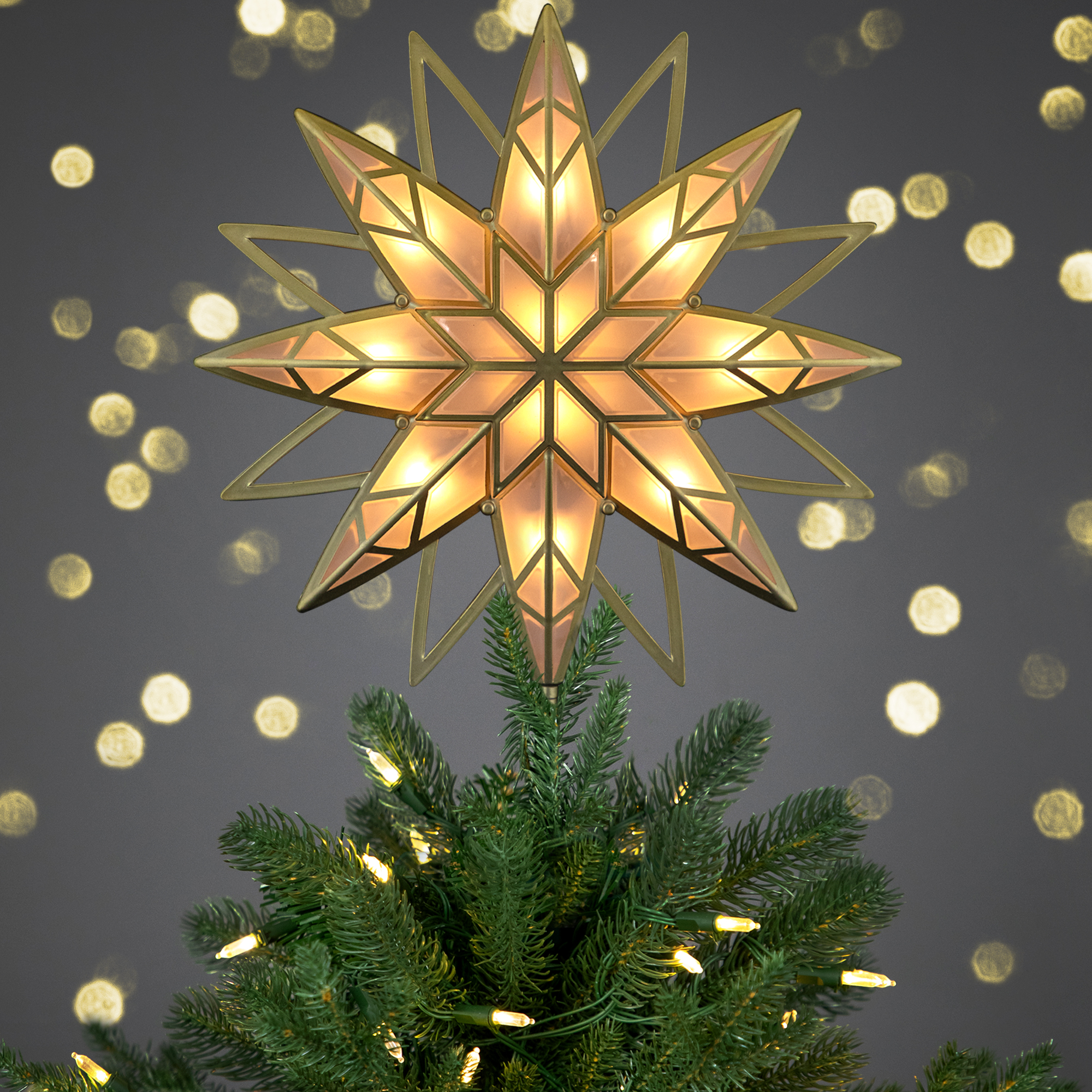 Northlight Lighted Geometric Frosted Star Christmas Tree Topper - 12.5" - Gold