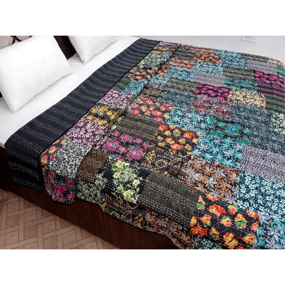 Patchwork Floral Kantha Bedding Floral Print Kantha Throw Queen Quilt Cotton Light Weight Winter Summer Vintage Blanket Bedding