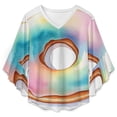 thumbnail image 4 of Rainbow Tie-Dye Donut Women's V-Neck Blouse With 3/4 Ruffled Bell Sleeves Casual Top Ladies Blouses, 4 of 7