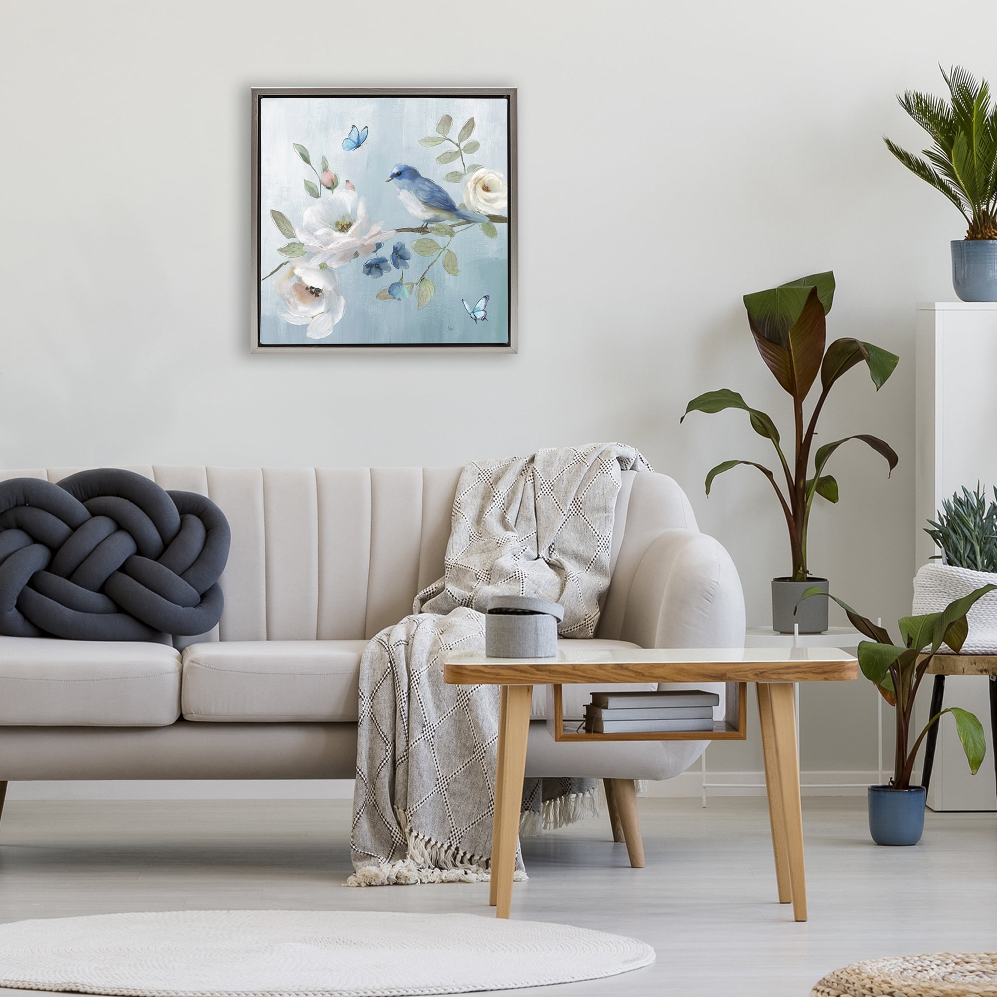 Stupell Industries Pastel Blue Bird Blooms Gray Framed Floater Canvas Wall Art, design by Nan