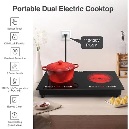 Electric cooktop,120V 24 inch 2 Burner Electric Cooktop,Built-in and Countertop Stove Top,2200W Stove,9 Power Levels, Kids Lock & Timer,LED touch control,Overheat Protection