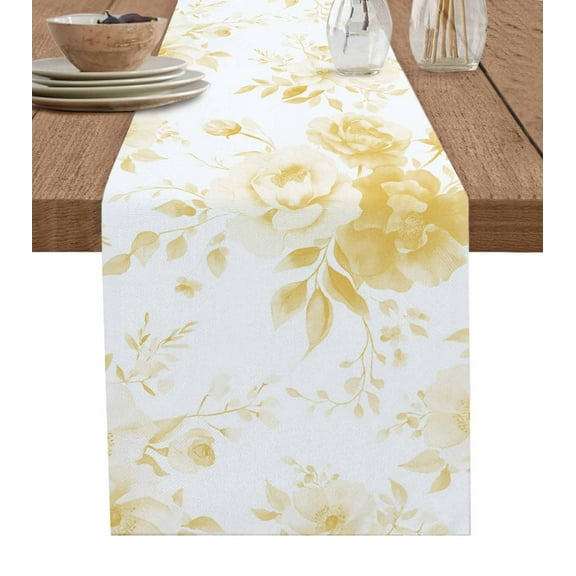 Yellow Floral Art Table Runner Cotton Linen 120 Inch Holiday Dresser Scarves, Watercolor Botanical Spring Flowers Tablerunner for Kitchen Coffee Dining Bedroom Dinner Scarf Décor 13''x120''