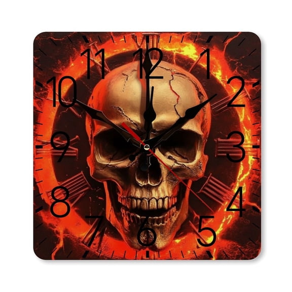 RKSupls 10×10inch Square Silent Wall Clock Wooden Frame, Skull Clock Fire Lava Scale Decorative Clock for Home Bedroom Living Room Office