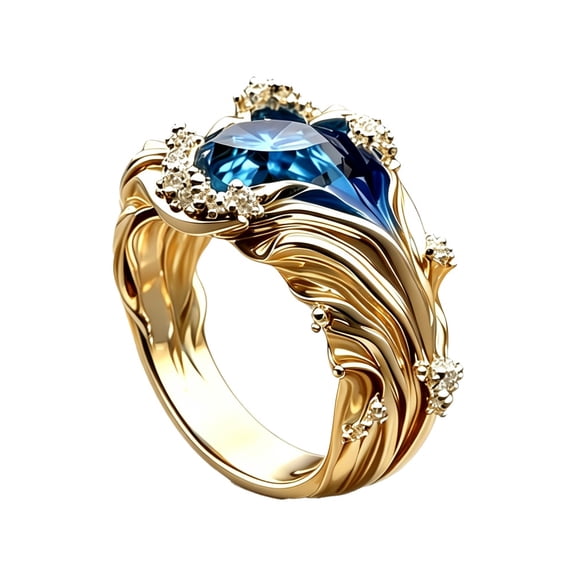 HIRPLIS Ocean Wave Rings for Women Unique Blue Gemstone Band Stainless Steel Sea Vintage Costume Statement Personalized Gift Jewelry Gold Plated C
